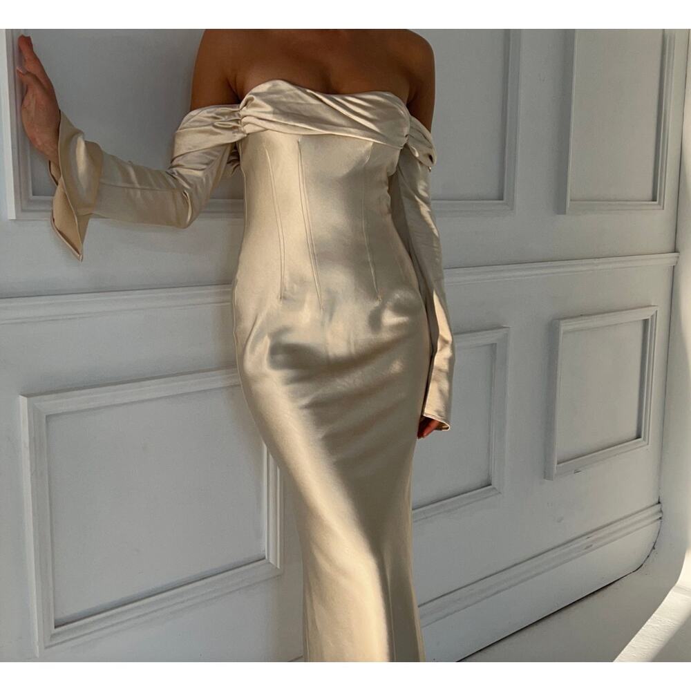 Meshki Gold Satin Off the Shoulder Bodycon Gown Medium